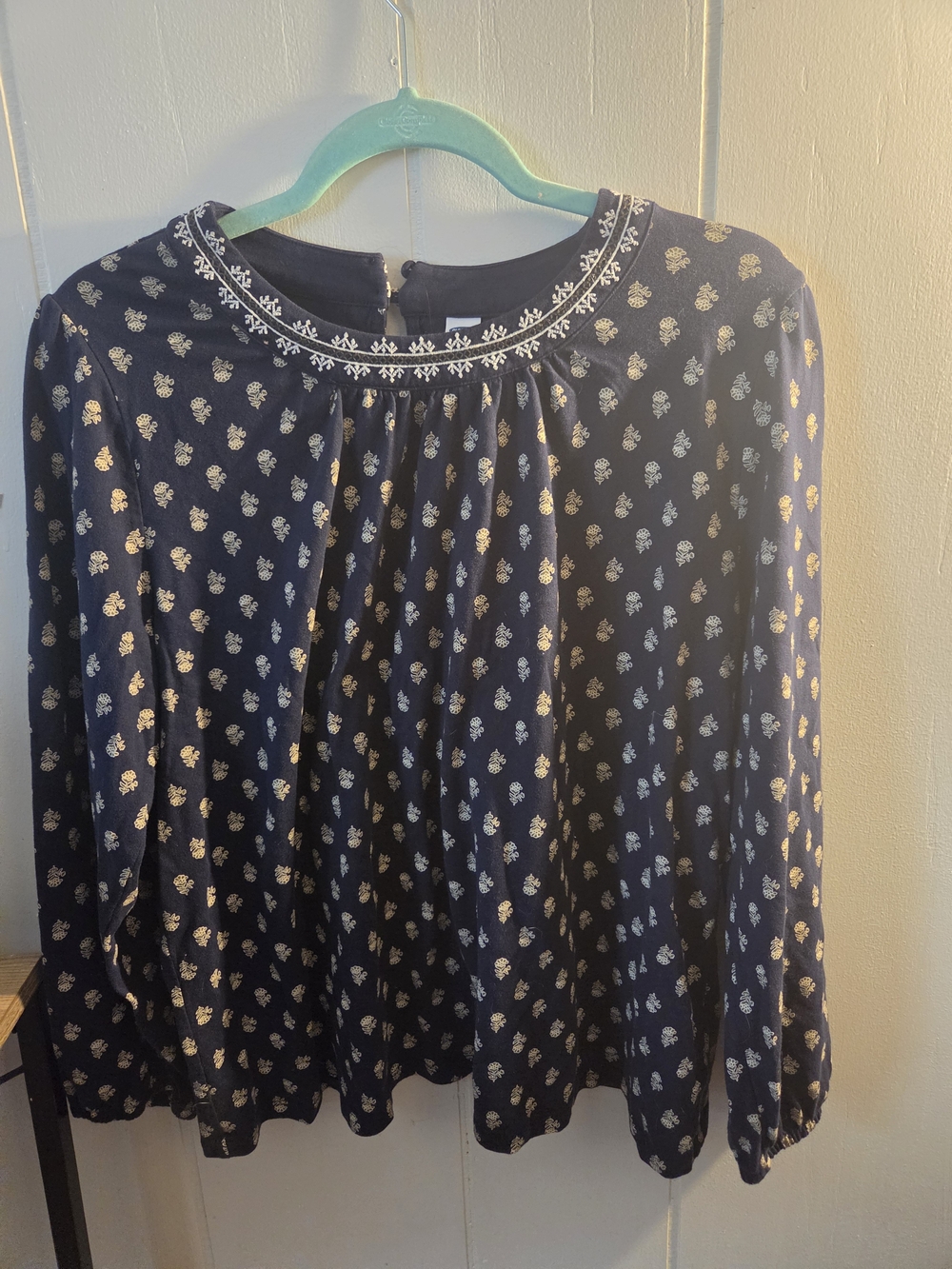 Women’s Navy Blue Printed Long-Sleeve Blouse